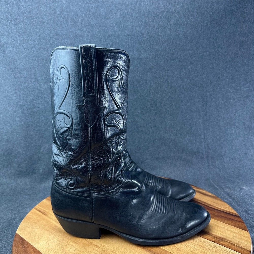 Lucchese Mens Black Leather Western Cowboy Boots Round Toe Made in USA 10 2E